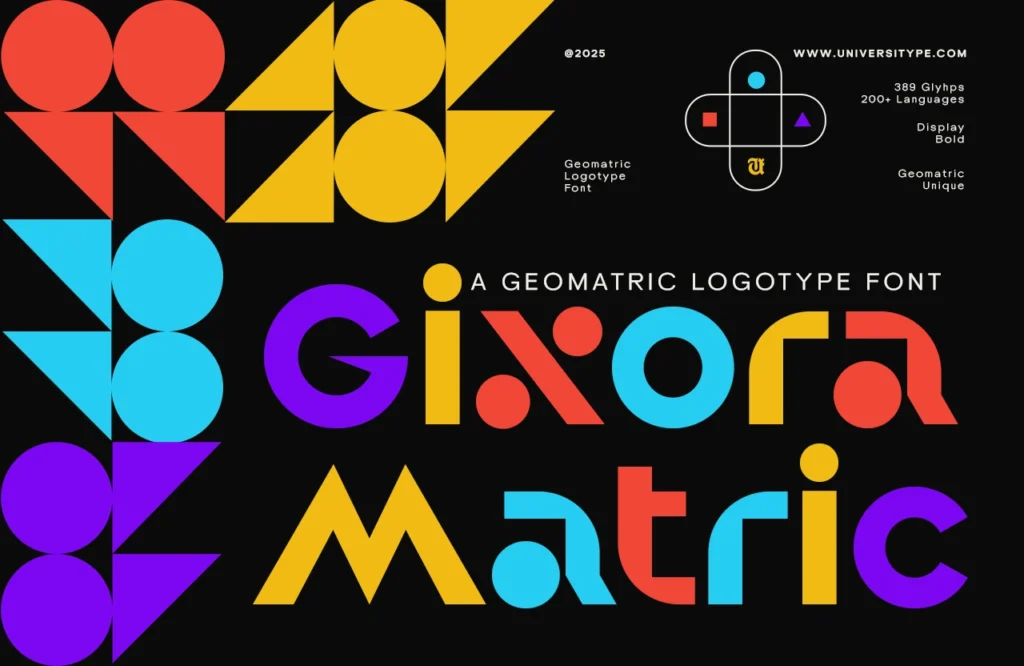 Gixora Metric font,geometric logotype font,modern typography,Bauhaus inspired font,bold typeface for branding,playful font design,global font support,multilingual typography,logo design font,marketing materials font,website font choice,unique typeface,brand identity font,modernist typography font,whimsical font style,clear and legible font,geometric font for logos,professional branding font,eye-catching font design,versatile font for design projects,UT Gixora Metric,Gixora Metric typeface